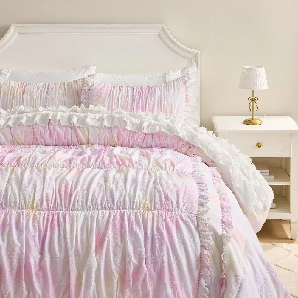 LoveShackFancy Tie Dye Quilt Pink Purple Yellow White Ruffle Full Queen Bed NEW